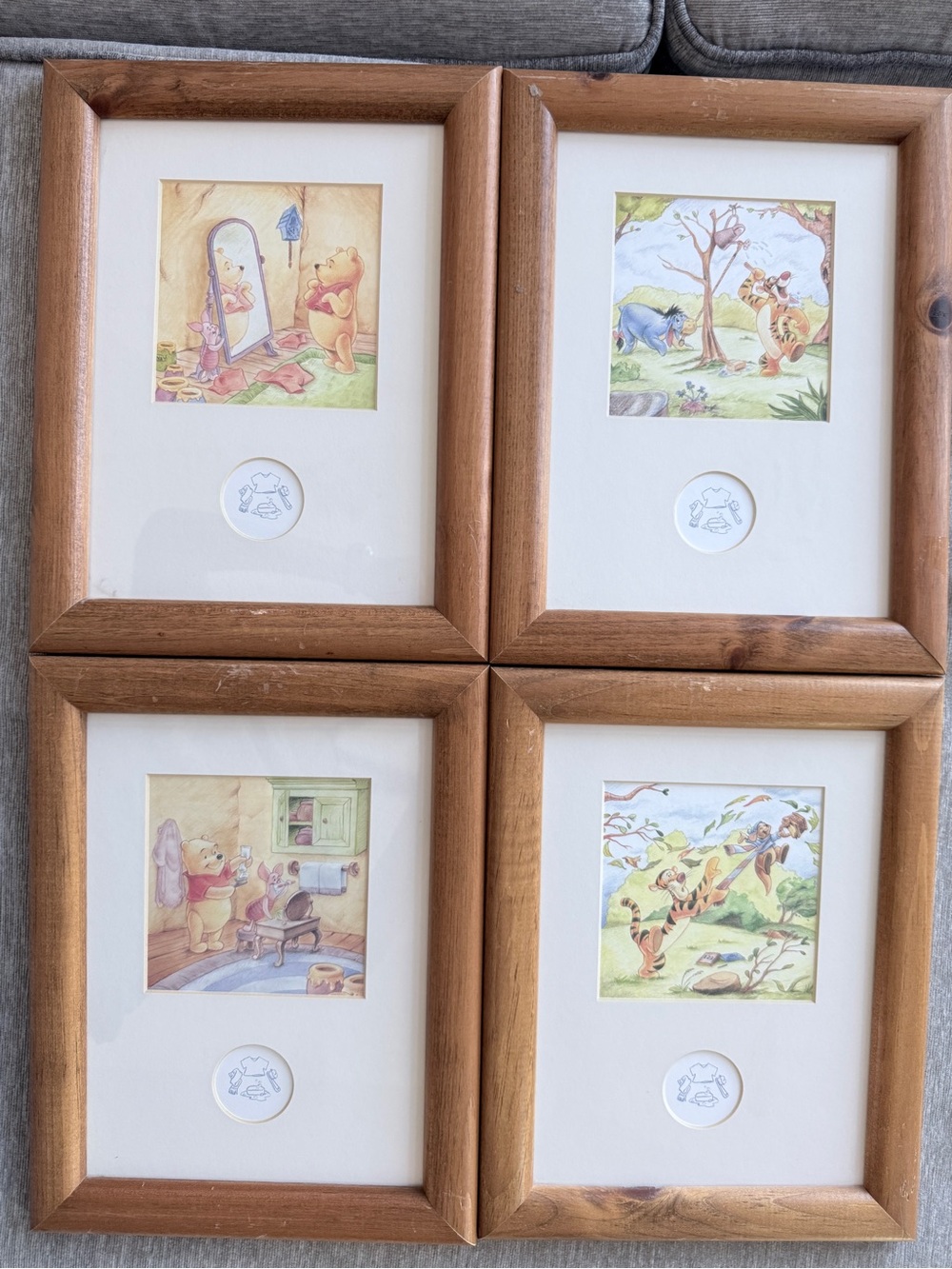 VTG 1999 Disney Off to School with Pooh Framed Watercolor Prints 4pc Set 3D Mat